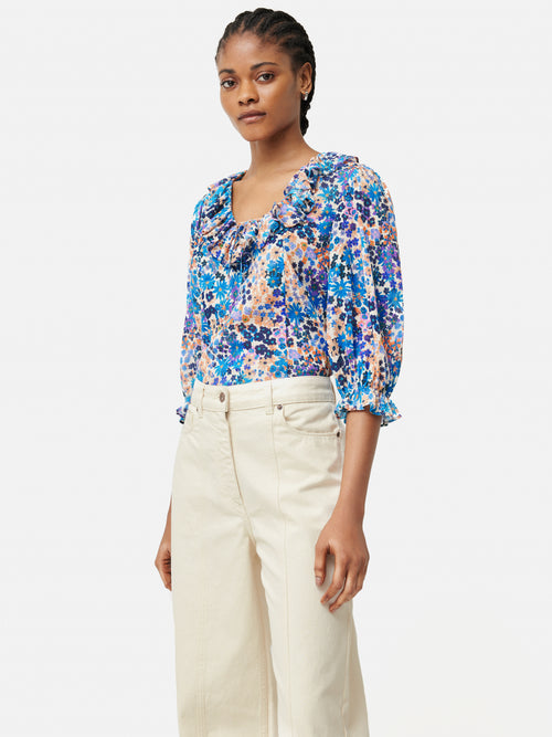 Rave Floral Cotton Crinkle Top | Blue