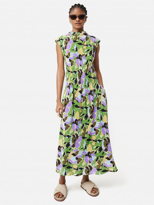 Graphic Pansy Cowl Neck Dress | Green