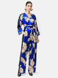 Leaf Outline Silk Jumpsuit | Blue