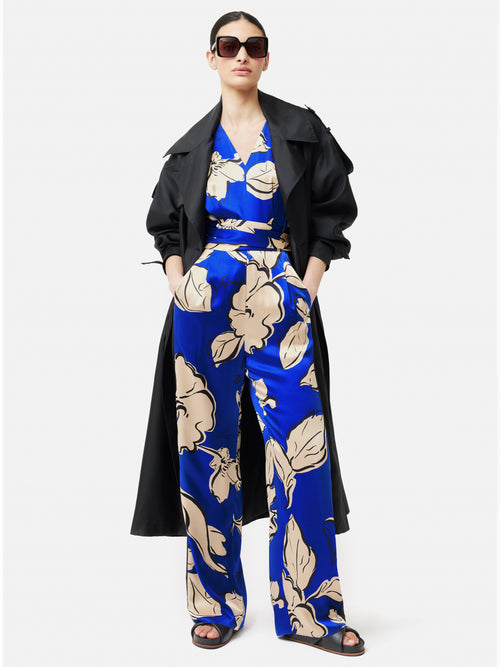 Leaf Outline Silk Jumpsuit | Blue