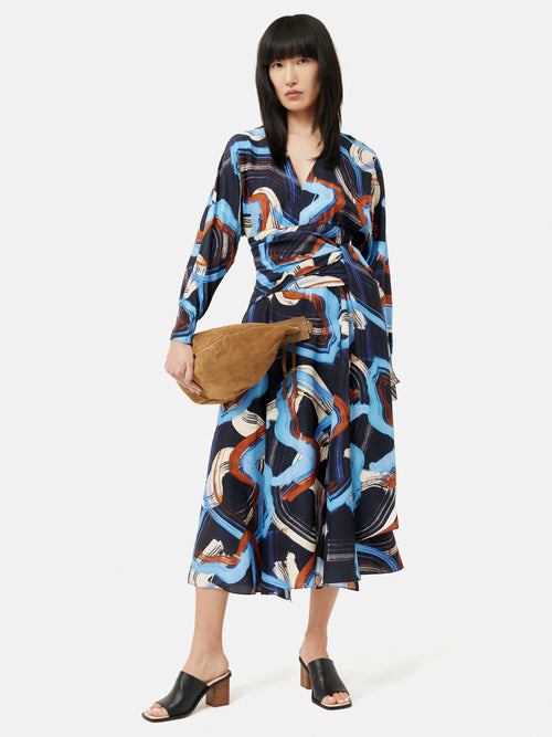 Painted Abstract Silk Dress | Blue