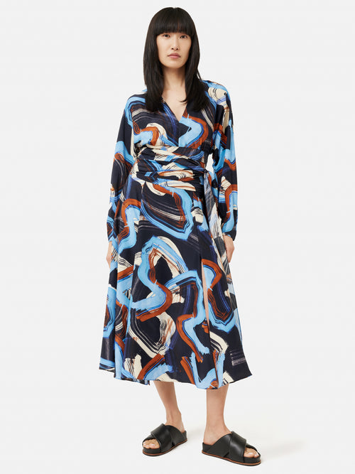 Painted Abstract Silk Dress | Blue