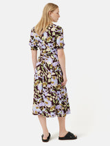 Graphic Pansy Crepe Tea Dress | Deep Plum
