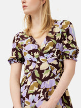 Graphic Pansy Crepe Tea Dress | Deep Plum