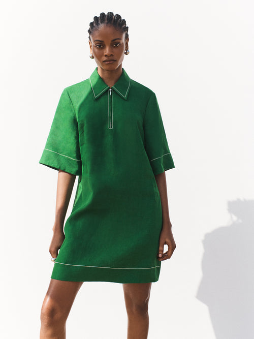 Linen Zip Front Short Dress | Green